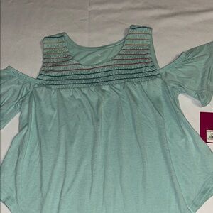 SO Mint Cold-Shoulder Top with Multicolor Embroidered Yoke